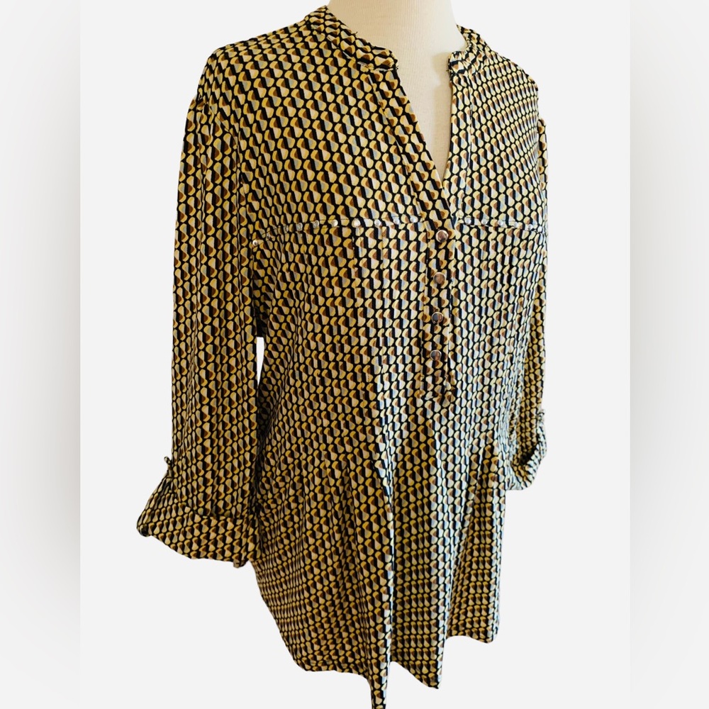 COCOMO 3X yellow brown poly spandex flannel 3/4 sleeve women’s Pintuck tunic - Picture 4 of 15